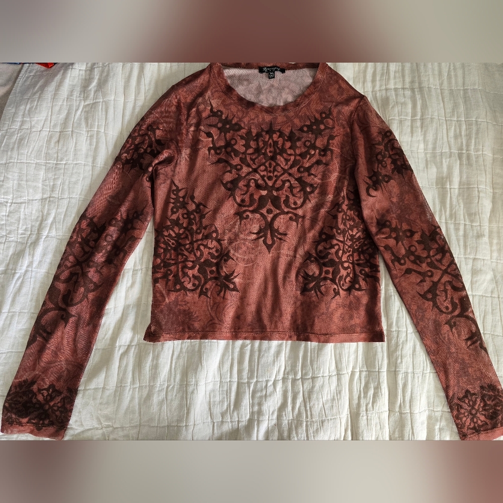 Generation Kiss Dollz Kill Nia Mesh Top Burnt Velvet Long Slv XL Rust Y2k Vibes